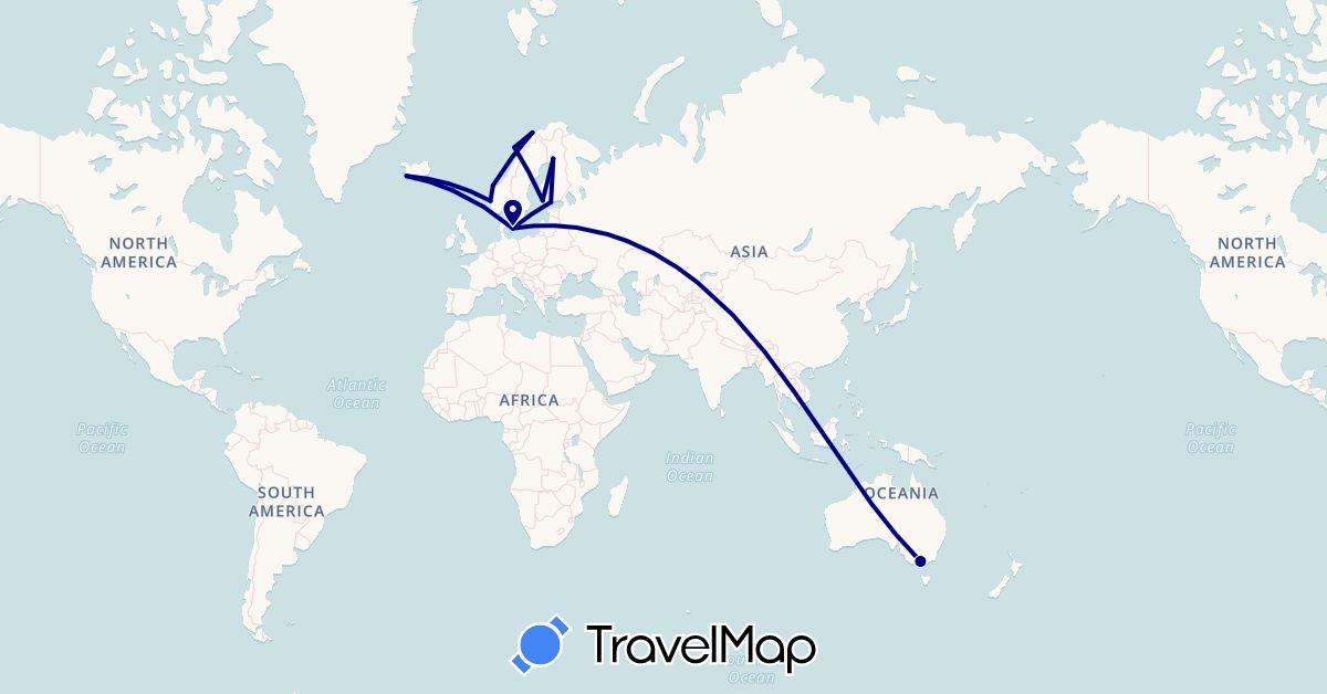 TravelMap itinerary: driving in Australia, Denmark, Finland, Faroe Islands, Iceland, Norway (Europe, Oceania)